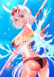  1girl absurdres animal_ears ass bangs bare_shoulders bikini black_bikini black_headwear blue_eyes blue_sky body_markings breasts caenis_(fate) caenis_(swimsuit_rider)_(fate) cleavage collarbone eyebrows_visible_through_hair eyewear_on_head fate/grand_order fate_(series) hairband harpoon highres large_breasts long_hair looking_at_viewer looking_to_the_side navel sky smile solo sunglasses swimsuit thighs urushimaru0701 very_long_hair water wet white_hair 