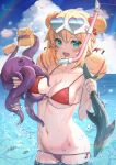  1girl :d absurdres akai_haato animal aqua_eyes bangs bikini blonde_hair blush breasts cameltoe cleavage cloud cloudy_sky collarbone commentary_request day double_bun eyebrows_visible_through_hair fish haaton_(akai_haato) hair_between_eyes hair_ornament hair_ribbon heart heart-shaped_eyewear heart_hair_ornament highres holding holding_animal holding_fish hololive jjjjjjj long_hair looking_at_viewer medium_breasts nail_polish navel ocean octopus open_mouth outdoors pink_nails red_bikini red_ribbon ribbon shark sky smile snorkel standing stomach string_bikini swimsuit virtual_youtuber wading water 