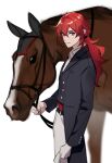  1boy alternate_costume animal bangs black_coat closed_mouth coat commentary diluc_(genshin_impact) genshin_impact gloves hair_between_eyes holding holding_reins horse k_young03 long_hair long_sleeves looking_at_viewer male_focus pants ponytail red_eyes red_hair reins simple_background symbol-only_commentary white_background white_gloves 