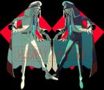  2boys absurdres azisaiharumaki56 black_background black_coat black_hat black_pants blue_necktie brothers character_name closed_mouth coat coat_lift commentary_request emmet_(pokemon) frown full_body gloves grey_eyes grey_hair hat highres ingo_(pokemon) long_sleeves male_focus matching_outfits multiple_boys necktie pants peaked_cap pokemon pokemon_(creature) pokemon_bw shirt short_hair siblings smile white_coat white_gloves white_pants white_shirt 
