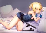  1girl absurdres apple_field bangs bare_shoulders blonde_hair blue_gloves breasts cleavage commentary_request commission girls&#039;_frontline gloves green_eyes gun handgun highres legs looking_at_viewer medium_breasts miniskirt on_bed pillow short_hair skeb_commission skirt sleeveless smile solo twintails weapon welrod_mk2 welrod_mkii_(girls&#039;_frontline) 