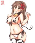  1girl alternate_costume amagi_(kancolle) animal_ears animal_print artist_logo bell bikini blush breasts brown_eyes brown_hair cow_ears cow_girl cow_horns cow_print cow_tail cowbell dated high_ponytail horns kanon_(kurogane_knights) kantai_collection large_breasts long_hair mole mole_under_eye navel neck_bell one-hour_drawing_challenge open_mouth print_bikini print_legwear simple_background smile solo swimsuit tail thighhighs white_background wide_ponytail 