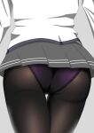  1girl absurdres arms_at_sides ass ass_focus back black_legwear close-up commentary_request fine_fabric_emphasis from_behind grey_shirt highres long_sleeves lower_body miniskirt original panties pantyshot pleated_skirt purple_panties shirt skirt solo standing star_(symbol) star_print thigh_gap thighs underwear white_shirt 
