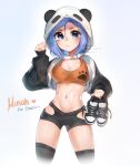  1girl animal_hood baggy_clothes black_legwear black_shorts blue_eyes blue_hair blush borrowed_character breasts character_name cleavage commentary cropped_legs english_commentary groin highres hip_vent holding holding_shoes hood hood_up looking_at_viewer lowleg lowleg_shorts medium_breasts midriff minah_(chaesu) navel nii-tuber nike orange_sports_bra original panda_hood paw_print shoes shoes_removed shorts shrug_(clothing) sneakers solo sports_bra standing thighhighs toned watermark 