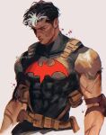  1boy bat_signal batman_(series) batman_symbol belt black_bodysuit black_hair blue_eyes bodysuit commentary dc_comics english_commentary grey_bodysuit highres jamqyu jason_todd male_focus multicolored_bodysuit muscular muscular_male red_hood_(dc) short_hair superhero_costume taut_bodysuit two-tone_bodysuit utility_belt western_comics_(style) 