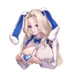  1girl absurdres animal_ear_hairband animal_ears blonde_hair blue_bow blue_bowtie blue_eyes bow bowtie breast_cutout breasts brown_dust_(series) brown_dust_2 collared_leotard commentary cropped_torso darian_silverstein fake_animal_ears hair_between_eyes hairband heart-shaped_boob_challenge heart_bikini highres large_breasts leotard lmh_(skewer_24) long_hair long_sleeves looking_at_viewer no_gloves nontraditional_playboy_bunny parted_bangs parted_lips rabbit_ears simple_background smile solo very_long_hair white_background white_leotard 