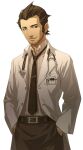  1boy absurdres beard belt brown_hair caduceus_new_blood chou_shittou_caduceus doctor doi_masayuki facial_hair grey_eyes hands_in_pockets highres lab_coat male_focus markus_vaughn necktie official_art simple_background smile solo standing stethoscope third-party_source transparent_background 