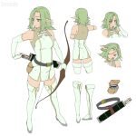  1girl arrow_(projectile) artist_name baronia belt boots bow_(weapon) character_sheet elbow_gloves elf full_body gloves green_eyes green_hair multiple_views original pale_color pointy_ears pouch simple_background standing thigh_boots thighhighs weapon white_background white_footwear white_gloves white_legwear 
