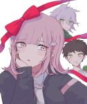  1girl 2boys absurdres ahoge bad_id bad_pixiv_id bangs black_jacket black_shirt blush bow breasts brown_hair collared_shirt commentary danganronpa_(series) danganronpa_2:_goodbye_despair eyebrows_visible_through_hair galaga green_eyes grey_hair hair_bow hair_ornament hand_on_own_cheek hand_on_own_face hand_up highres hinata_hajime jacket komaeda_nagito large_breasts looking_at_viewer messy_hair multiple_boys nanami_chiaki neck_ribbon open_clothes open_jacket open_mouth pink_ribbon red_bow ribbon shirt short_hair smile two-tone_shirt uyu_(uyuchaxx) white_shirt 