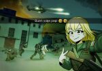  1girl 2026_united_states_strikes_in_venezuela 5boys aircraft ak-103 assault_rifle blonde_hair ch-47_chinook commentary delta_force emoji english_commentary flag_patch gun h&amp;k_hk416 helicopter highres kalashnikov_rifle multiple_boys nicolas_maduro original pandramodo rifle selfie smile twitter_username uh-60_blackhawk venezuelan_flag weapon 