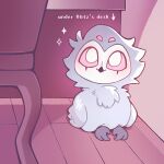 1:1 4_eyes aaci8300 alternate_form avian beak bird black_beak chair chest_tuft desk directional_arrow english_text feather_tuft feathers feet feral feralized floor furniture glowing_pupils grey_body grey_feathers hellaverse helluva_boss inside looking_up male multi_eye nude office office_chair owl portrait red_sclera sitting smile solo sparkles stolas_(helluva_boss) table talons text toes tuft wings wood wood_floor