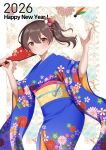  1girl 2026 alternate_costume blue_kimono brown_eyes brown_hair commentary cowboy_shot floral_print hagoita hane_(hanetsuki) hanetsuki happy_new_year highres japanese_clothes kaga_(kancolle) kaga_(new_year)_(kancolle) kantai_collection kimono long_hair obi paddle sash side_ponytail solo symbol-only_commentary yomogi_dango 