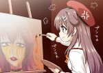  1girl =3 animal_ears beret bone_hair_ornament bow bowtie brown_eyes brown_hair closed_mouth commentary_request dog_ears easel extra_ears from_side frown hair_ornament hand_up hat highres holding holding_paintbrush holding_palette hololive inugami_korone itou_yuuji long_hair long_sleeves official_alternate_costume paintbrush painting palette_(object) profile red_headwear shirt sideways_mouth solo virtual_youtuber white_shirt 