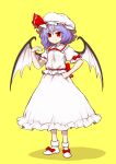  1girl back_bow bat_wings blush_stickers bow closed_mouth full_body hand_on_hip hand_up hat hat_ornament highres itou_yuuji long_skirt looking_at_viewer purple_hair red_bow red_eyes remilia_scarlet shirt simple_background skirt sleeve_bow smile solo standing touhou white_footwear white_headwear white_shirt white_skirt wings yellow_background 