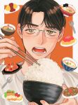  1boy blush border bowl brown_eyes brown_hair chopsticks commentary commentary_request curtained_hair famiresu_iko. food fork fruit highres holding holding_chopsticks kamaboko karaoke_iko! ketchup lemon looking_at_viewer narutomaki noodles oka_satomi omelet omurice open_mouth parted_bangs pasta plate portrait ramen rice rimless_eyewear sanpaku sasakura34 shirt shrimp shrimp_tempura simple_background spaghetti spring_onion tempura tomato white_border white_shirt yakisoba 