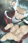  1boy absurdres blurry blurry_foreground bodysuit boku_no_hero_academia clenched_hand cowboy_shot depth_of_field fengling_(furin-jp) fighting_stance freckles gradient gradient_background green_bodysuit green_hair grin hair_up highres male_focus mask midoriya_izuku mouth_mask red_scarf scarf short_hair short_sleeves smile solo torn_bodysuit torn_clothes 