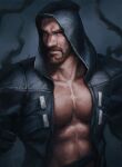  1boy abs bara beard black_jacket dark-skinned_male dark_skin facial_hair hood hood_up hooded_jacket jacket large_pectorals looking_at_viewer male_focus mature_male muscular muscular_male nick300 open_clothes open_jacket overwatch pectoral_cleavage pectorals reaper_(overwatch) scar scar_on_chest scar_on_face scar_on_forehead short_hair solo stomach thick_eyebrows upper_body 