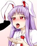  1boy 1girl animal_ears blank_censor blush censored commentary_request cupping_hands heart heavy_breathing hetero highres itou_yuuji long_hair necktie open_mouth oral_invitation penis purple_hair rabbit_ears red_eyes reisen_udongein_inaba shirt solo_focus sweat teeth textless tongue tongue_out touhou upper_body white_shirt 