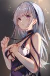  1girl azur_lane breasts cleavage commentary dido_(anxious_bisque_doll)_(azur_lane) dido_(azur_lane) dress eyebrows_visible_through_hair hairband halter_dress halterneck highres long_hair medium_breasts official_alternate_costume purple_dress purple_eyes purple_hairband purple_headband runep solo upper_body 