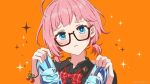  1girl ahoge asahina_akane_(nijisanji) bangs black_shirt blue_eyes bow bowtie cinderella_(vocaloid) commentary_request glasses highres holding holding_shoes looking_at_viewer mugimugigo nijisanji official_art orange_background pink_hair red_bow red_bowtie shirt shoes short_hair solo tears virtual_youtuber wing_collar 