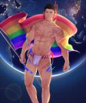  1boy abs arm_tattoo bara bare_pectorals black_hair bulge chest_tattoo facial_hair facial_tattoo feet_out_of_frame flaccid flag flapping globe goatee green_eyes gyee highres holding holding_flag impossible_clothes leg_tattoo lgbt_pride loincloth looking_at_viewer male_focus mature_male muscular muscular_male navel nipples pectorals priapus_a._tarou rainbow_flag red_pupils revealing_clothes short_hair sideburns solo spiked_hair stomach stomach_tattoo stubble tattoo thick_thighs thighs yzpyn 