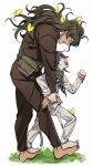  2boys :d bangs barefoot black_hair brown_jacket brown_pants bug butterfly buttons checkered checkered_neckwear checkered_scarf commentary danganronpa_(series) danganronpa_v3:_killing_harmony flower from_side gokuhara_gonta grey_background grey_jacket grey_pants highres ichihara2929 insect_cage jacket leaning_forward long_hair long_sleeves male_focus medium_hair messy_hair multiple_boys open_mouth ouma_kokichi pants scarf simple_background smile standing teeth upper_teeth 