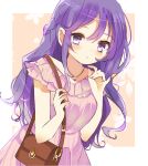  1girl alternate_hairstyle bag bangs braid closed_mouth collar dress eyebrows_visible_through_hair french_braid gochuumon_wa_usagi_desu_ka? hair_between_eyes handbag long_hair looking_at_viewer pastelpomi pink_dress purple_eyes purple_hair short_sleeves simple_background solo tedeza_rize wavy_hair 