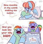 :o angry_eyebrows bed bodily_fluids bow_hothoof_(mlp) dialogue english_text equid equine female feral friendship_is_magic furniture group hair hasbro hi_res hospital hospital_bed male mammal meme multicolored_hair my_little_pony mythological_creature mythological_equine mythology nine_months_in_my_womb_making_me_suffer open_mouth pegasus rainbow_dash_(mlp) rainbow_hair tears text trio wings xconitox