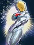  1girl absurdres arm_up bodysuit breasts firework_background highres huge_breasts jewelry leaning_back mask necklace open_mouth pepsi pepsiwoman reflective_clothes ryusei_hashida shiny_clothes skin_tight solo thighs toned toned_female 