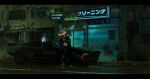  1boy air_conditioner building car cigarette cyberpunk highres laundromat leaning_on_object monitor motor_vehicle neon_lights original rain road shop sidewalk solo street throwing tibz-ollier window 