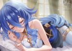  1girl bare_arms bare_shoulders black_dress blue_hair bracelet breasts closed_eyes commentary_request dress drill_hair drill_sidelocks genshin_impact gold_bracelet gold_thighlet highres jewelry kazuki_(kazuki_01) layla_(genshin_impact) long_hair lying medium_breasts on_bed on_side pantyhose parted_lips pointy_ears sidelocks sleeping sleeveless solo thighlet watermark white_pantyhose window 