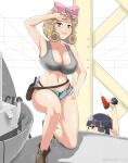  2girls :d armpits bikini black_hair black_panties black_thong blue_shorts blunt_bangs blush boots bow bra breasts brown_boots brown_hair cleavage collarbone commentary construction curled_ends curly_hair english_commentary eyepatch green_eyes grey_bra grey_sports_bra groin hair_bow hair_ribbon haruka_(senran_kagura) holding_power_drill kathie_vr kneeling large_breasts linea_alba long_hair machinery mechanic medium_hair micro_shorts mirai_(senran_kagura) mitsudomoe_(shape) multiple_girls navel open_fly open_mouth out_of_frame panties panty_straps pink_bow power_drill red_eyes ribbon screwdriver senran_kagura senran_kagura_shoujo-tachi_no_shin'ei shiny_skin short_hair shorts smile sports_bra steel_beam stomach sweat swept_bangs swimsuit tomoe_(symbol) tool_belt tools underwear untied_shoelaces wiping_face wiping_forehead wiping_sweat wrench 