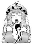  1girl blush breasts chopsticks cleavage closed_eyes commentary_request facing_viewer fed_by_viewer feeding greyscale hat itou_yuuji large_breasts monochrome open_mouth oral_invitation rice saigyouji_yuyuko sexually_suggestive short_hair simple_background solo touhou triangular_headpiece upper_body uvula white_background 
