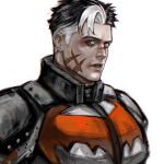  aged_up bat_signal batman batman_(series) batman_symbol black_bodysuit black_hair blue_eyes bodysuit commentary_request dc_comics grey_bodysuit hair_between_eyes highres jason_todd male_focus multicolored_bodysuit multicolored_hair muscular muscular_male raccoonspencer red_hood_(dc) short_hair simple_background superhero_costume taut_bodysuit two-tone_bodysuit two-tone_hair white_hair 