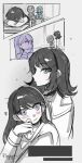  4girls bang_dream! bang_dream!_it's_mygo!!!!! blush chinese_commentary closed_mouth commentary_request greyscale hanasakigawa_1-b_classmate_(bang_dream!) hanasakigawa_school_uniform highres long_hair medium_hair misumi_uika mole mole_under_eye monochrome multiple_girls purple_eyes school_uniform shiina_taki signature sleeping spot_color yahata_umiri yoyoray20001996 