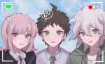  1girl 2boys bad_id bad_pixiv_id bangs black_jacket blush brown_eyes brown_hair collared_shirt commentary danganronpa_(series) danganronpa_2:_goodbye_despair dress_shirt eyebrows_visible_through_hair flipped_hair green_eyes green_neckwear grin hinata_hajime hood hood_down hooded_jacket hoodie jacket komaeda_nagito looking_at_viewer multiple_boys nanami_chiaki neck_ribbon necktie open_clothes open_jacket parted_lips pink_ribbon recording ribbon shirt short_hair smile teeth uyu_(uyuchaxx) white_shirt 