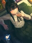  !? 1girl alcohol black_hair black_hairband black_neckwear black_ribbon black_skirt blue_eyes blush boa_(brianoa) closed_mouth couch cup drinking_glass dutch_angle frown glasses hairband highres holding holding_cup long_hair long_sleeves looking_at_viewer neck_ribbon on_couch opaque_glasses out_of_frame pleated_skirt ribbon shirt sitting skirt solo_focus tohno_akiha tohno_shiki tsukihime tsukihime_(remake) twitter_username white_shirt 