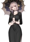  1girl absurdres ahoge bangs black_choker black_dress blunt_bangs bob_cut bra_strap breasts character_request choker cleavage cross cross_necklace dress dungeon_and_fighter earrings head_tilt highres holding holding_umbrella hoop_earrings jewelry large_breasts long_dress long_sleeves looking_at_viewer medium_hair necklace open_mouth original rktlek159 simple_background solo umbrella watch white_background wristwatch yellow_eyes 