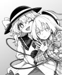  2girls :d :t blouse bow bowtie dress gradient gradient_background grey_background greyscale hat hat_bow hata_no_kokoro highres itou_yuuji komeiji_koishi looking_at_viewer monochrome multiple_girls one_eye_closed open_mouth parted_lips skirt smile striped striped_dress touhou 