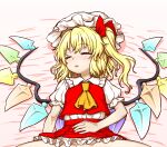  1girl blonde_hair bow closed_eyes flandre_scarlet hair_bow hat highres implied_sex itou_yuuji lying medium_hair miniskirt no_panties on_back on_bed one_side_up parted_lips pillow_hat puffy_short_sleeves puffy_sleeves red_bow red_skirt red_vest shirt short_sleeves skirt sleep_molestation sleeping solo spread_legs touhou vest white_headwear white_shirt wings 