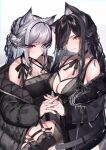  2girls :3 animal_ears bare_shoulders belt black_coat black_dress black_hair black_legwear black_neckwear black_ribbon blush braid breasts brown_hair cat_ears cleavage closed_mouth coat collarbone commentary criss-cross_halter dress garter_straps halterneck highres holding_hands interlocked_fingers lamium_(artist) large_breasts long_hair long_sleeves multicolored_hair multiple_girls neck_ribbon o-ring off_shoulder open_belt open_clothes open_coat original pink_eyes puffy_long_sleeves puffy_sleeves red_hair ribbon silver_hair simple_background sitting smile streaked_hair thighhighs two-tone_hair unzipped white_background yellow_eyes 