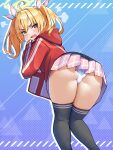  1girl ahoge ass black_legwear blonde_hair blue_archive blue_background blush commentary_request fang grey_eyes halo highres hoyhoycoro jacket looking_at_viewer medium_hair open_mouth simple_background solo thighhighs thighs track_jacket yoshimi_(blue_archive) 
