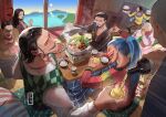  1girl 6+boys bow bowl bowtie buggy_the_clown cabaji chopsticks clown_nose commentary cooking crocodile_(one_piece) daz_bones dracule_mihawk facial_hair galdino goatee green_vest highres holding holding_chopsticks impossible_hair indoors laughing male_focus mohji_(one_piece) multiple_boys ngumngim one_piece open_mouth paula_(one_piece) pink_bow pink_bowtie pouring rice richie_(one_piece) steam stitched_face stitches sweater tatami vest white_sweater window yellow_sweater 