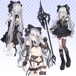  1girl absurdres bikini black_bikini black_boots black_bow black_dress blue_background blush boots bow breasts brown_eyes brown_sleeves brown_socks brown_thighhighs cameltoe closed_mouth commentary_request commission cropped_legs detached_sleeves dress garter_belt grey_hair groin hair_between_eyes hair_bow halberd highres holding holding_polearm holding_weapon long_hair long_sleeves multiple_views navel nose_blush original parted_lips polearm polka_dot polka_dot_background single_sock single_thighhigh small_breasts socks swimsuit thighhighs twintails very_long_hair weapon yume_(454565427) 