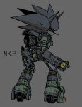  1boy clenched_hands english_text from_behind grey_background highres humanoid_robot male_focus mecha_sonic_mkii robot simple_background solo sonic_&amp;_knuckles sonic_(series) sonic_the_hedgehog_(classic) submarinechamomile wheel 