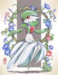  1girl :> blue_flower bob_cut border colored_skin dress flower full_body gardevoir green_hair green_skin grey_background highres looking_to_the_side morning_glory multicolored_skin oisisabatugun on_swing pokemon pokemon_(creature) red_eyes red_flower short_hair simple_background sitting smile solo swing two-tone_skin white_border white_dress white_skin 