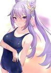  1girl 3: absurdres alternate_costume art_itou bangs blush braid collarbone commentary_request eyebrows_visible_through_hair genshin_impact hair_between_eyes hair_ornament highres keqing_(genshin_impact) long_hair looking_at_viewer purple_eyes purple_hair school_swimsuit sidelocks simple_background single_braid solo swimsuit twintails wet wet_clothes wet_swimsuit white_background 