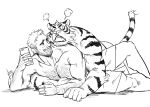  2boys =3 anger_vein animal_ears arm_hair bara beard chest_hair couple facial_hair fangs frown furry furry_male furry_with_non-furry greyscale head_on_another&#039;s_shoulder holding holding_phone interspecies large_pectorals looking_at_another lying_on_person male_focus mature_male monochrome multiple_boys muscular muscular_male nick300 on_person original pectorals phone short_hair sideburns sidepec smile stubble tiger_boy tiger_ears topless_male yaoi 