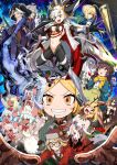  1boy 6+girls absurdres ahoge alligator ammonite ammonite_hair_ornament animal_ears antlers apron armor armored_dress artoria_pendragon_(fate) ascot assassin_(learning_with_manga!_fgo) avalon_(fate) bare_shoulders beard belly_chain bikini_armor black_dress blonde_hair blood blue_eyes blue_hair blue_skin blush boots bracelet braid braided_bun breasts brown_hair brown_hat bun_with_braided_base center_opening chakram cheekbones choker christopher_columbus_(fate) closed_eyes clothing_cutout coat collarbone colored_skin commentary_request crocodile crocodilian cross cryptid daikokuten_(fate) daikokuten_(first_ascension)_(fate) dark-skinned_female dark_skin detached_horns dress ear_piercing earrings excalibur_(fate/stay_night) extra_arms facial_hair fate/grand_order fate/stay_night fate_(series) faulds fossil fossil_hair_ornament fur_hat gauntlets giant glasses gloves green_eyes green_hat grey_hair grin hair_bun hair_ribbon hanging_breasts hat heart highres holding horns huge_horns jackalope jackalope_girl jewelry kali_(fate) konrinzai_zako large_breasts large_earrings learning_with_manga!_fgo leather leather_choker long_beard long_braid long_hair long_horns long_sleeves looking_at_viewer lotus_petals maid_headdress mary_anning_(fate) mary_anning_(second_ascension)_(fate) medium_breasts metal_bracelet mike_fink_(fate) mittens mollusc_shell mouse_ears mouse_girl mouse_tail multiple_earrings multiple_girls nanabozho_(fate) navel neck_ring necklace old old_man olga_marie_animusphere open_mouth orange_eyes parted_bangs paul_bunyan_(fate) piercing pink_hair polka_dot_vest rabbit rabbit_ears red_ascot red_eyes revealing_clothes ribbon ribbon-trimmed_dress ribbon_trim rider_(learning_with_manga!_fgo) saber_(fate) scarf sharp_teeth sheath sheathed shell short_hair single_braid single_horn smile snake spaniel_(dog) stomach_cutout strapless strapless_dress striped_bodysuit super_bunyan_(fate) super_bunyan_(first_ascension)_(fate) sword tail teeth thumb_ring tray_(fate) u-olga_marie u-olga_marie_(second_ascension) very_long_hair very_long_robe weapon white_apron white_facial_hair white_hair wrinkled_skin yellow_eyes yellow_horns yellow_mittens yellow_scarf yu_mei-ren_(fate) yu_mei-ren_(third_ascension)_(fate) 