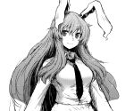  1girl animal_ears closed_mouth collared_shirt greyscale itou_yuuji long_hair long_sleeves looking_at_viewer monochrome necktie rabbit_ears reisen_udongein_inaba shirt simple_background smile solo touhou upper_body white_background white_shirt wing_collar 